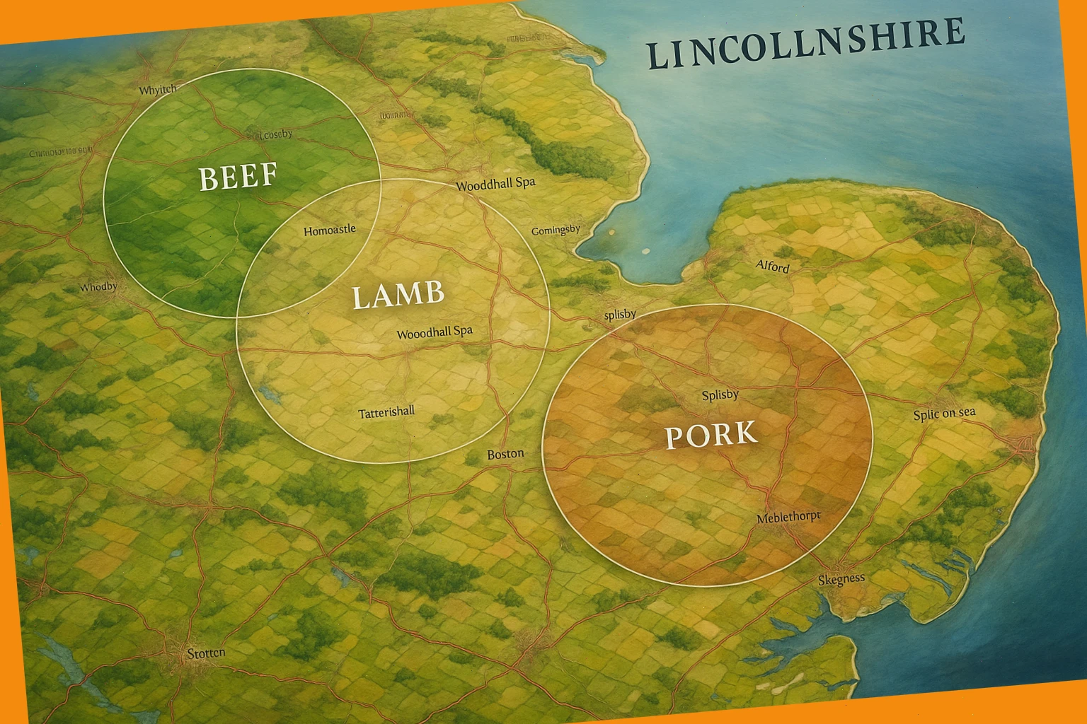 Lincolnshire farm map with sourcing circles for beef lamb and pork